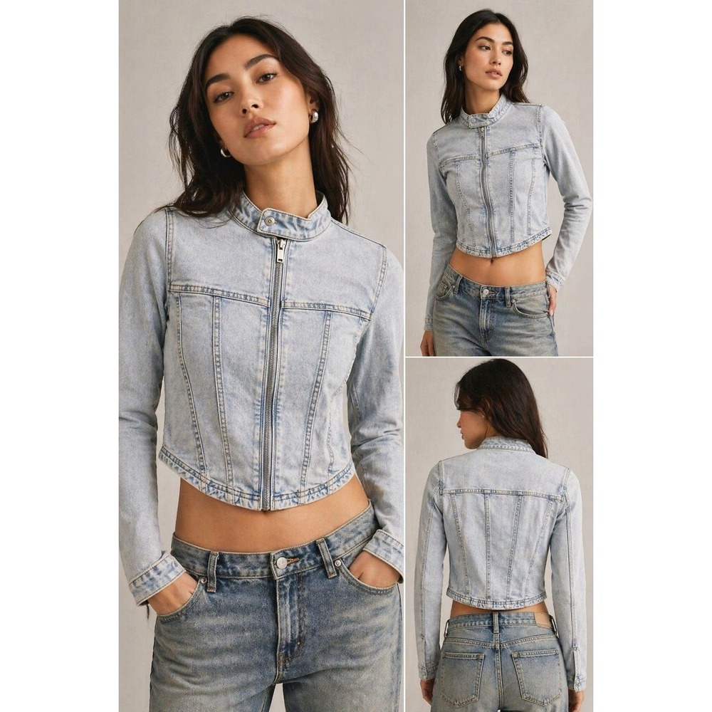 Reserve Fairfax Light Wash Denim Moto Jacket S Cropped Corset Curved Hem Spandex
